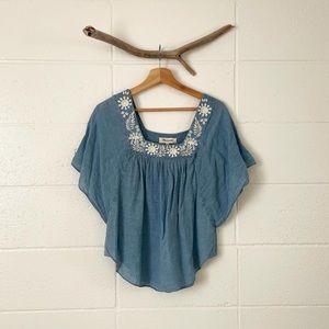 Madewell chambray elephant sleeve blouse with embroidered floral detail